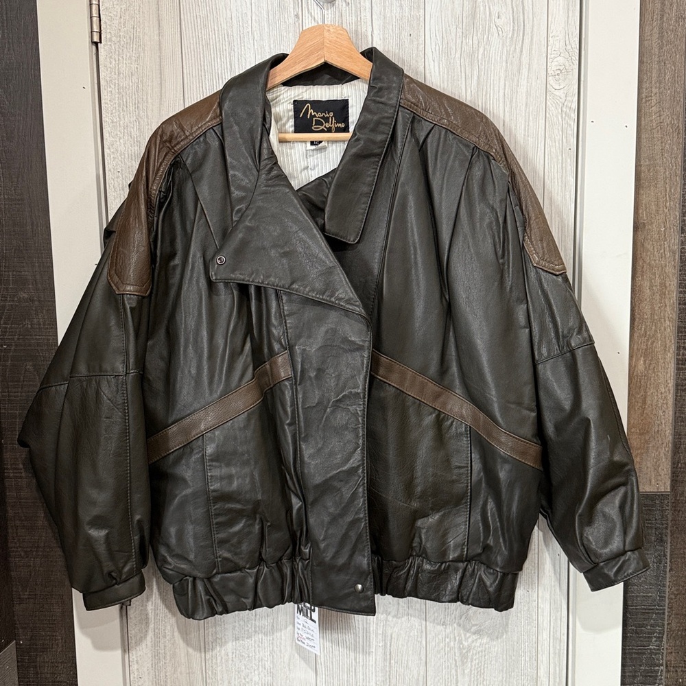 Leather Bomber Jacket in dark olive